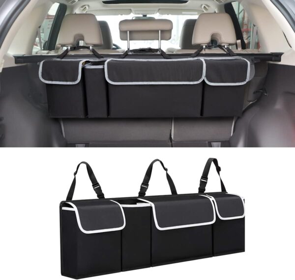 Car Trunk Organizer and Storage, Backseat Hanging Organizer for SUV, Truck, MPV, Waterproof, Collapsible Cargo Storage Bag with 4 Pockets, Car Interior Accessories for Men and Women (Black) - Image 8