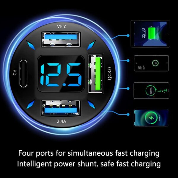 Car Charger 66W Super Fast Charging with USB PD&QC 3.0(Voltmeter&LED Lights) Universal Quick Charge for 12-24V Car Cigarette Lighter Plug,Compatible with iPhone 14 13 12,S22 S21 S20,iPad (BK351) - Image 4