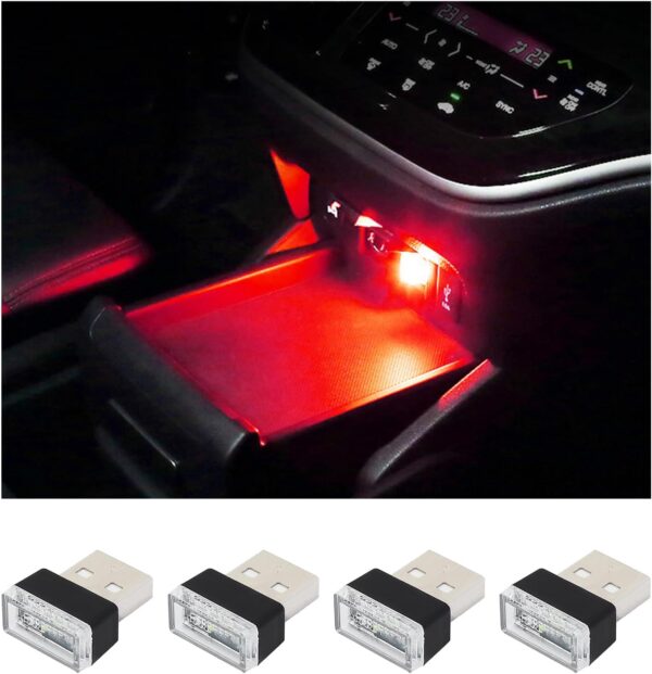 Augeny 4 PCS USB LED Car Interior Atmosphere Lamp, Plug-in USB Decor Night Light, Portable Auto Ambient Lighting Kit, Universal Vehicle Interior Accessories for Most Cars (Red)