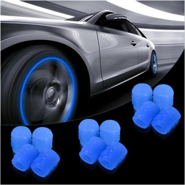 Fluorescent Car Tire Valve Stem Caps, 12PCS Auto Luminous Illuminated Wheel Valve Cover, Corrosion Resistant Glow in The Dark, Car Decor Accessories for Motorcycles, SUV, Trucks, Car (Blue)