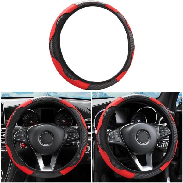 Car Steering Wheel Cover, Universal Microfiber PU Leather Elastic 15 inch Stitching Color Anti-Slip Steering Wheel Protector, Car Interior Protection Accessories for Men Women (Black/Red)