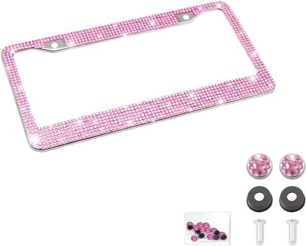 Bling Car License Plate Frame, Handcrafted Crystal Stainless Steel, Sparkly, Durable, Universal Fit, Car Accessories for Girls, Women (Pink)