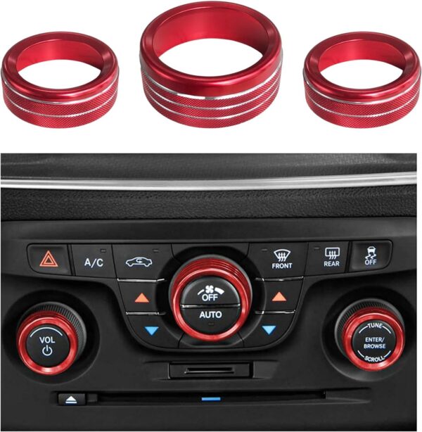 Dickno 3PCS Air Conditioner Switch Button Knob Cover, Aluminum Alloy A/C Decal Trim Rings Compatible with Dodge Challenger Durango 2015-2022, Auto Interior Decor Accessories (Red)