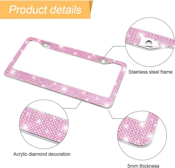 Bling Car License Plate Frame, Handcrafted Crystal Stainless Steel, Sparkly, Durable, Universal Fit, Car Accessories for Girls, Women (Pink) - Image 3