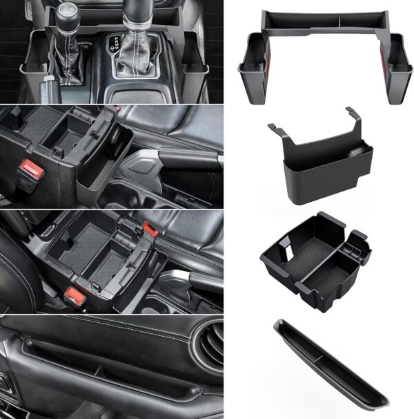 DIAMOOKY 4PCS Upgraded Center Console Organizer for Jeep Wrangler JL JLU 4xe 2018-2023 & Gladiator JT 2020 2021 2022 2023 Accessories Gear Shift Side Tray Hanging Armrest Storage Box (Not for JK/JKU)