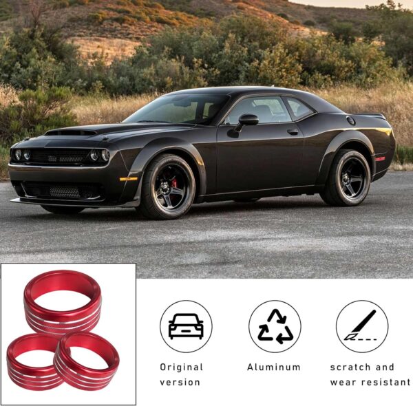 Dickno 3PCS Air Conditioner Switch Button Knob Cover, Aluminum Alloy A/C Decal Trim Rings Compatible with Dodge Challenger Durango 2015-2022, Auto Interior Decor Accessories (Red) - Image 4