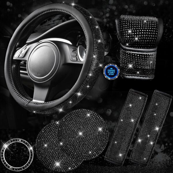 CAR PASS 7 PCS Bling Car Accessories for Women, Sparkly Rhinestone Diamond Steering Wheel Cover, Bling Seat Belt Cushion, Glitter Shift Knob Cover, Car Cup Holder Coaster, Cute Interior Sets Black